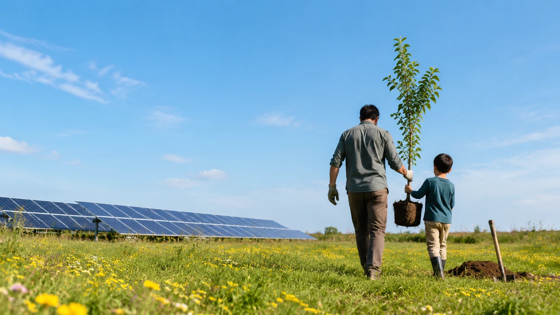 A shared future represented by planting and renewable energy