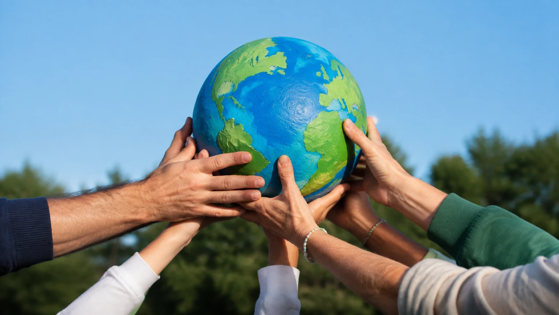 Hands supporting a shared Earth model over a natural landscape