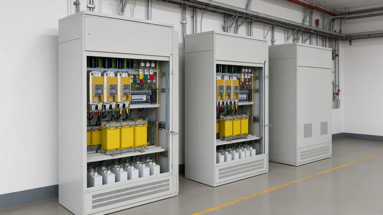 Industrial power quality cabinets lined in a clean electrical room aisle