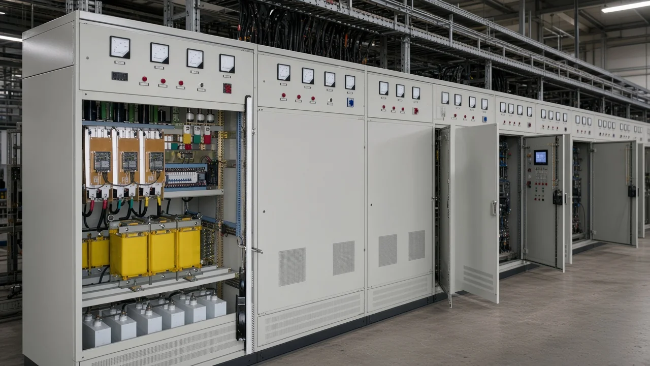 Filter cabinet beside industrial drive panels with mixed running loads