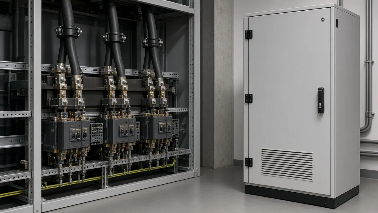 Supply-cable current transformers in an open low-voltage panel beside a HYAPF cabinet