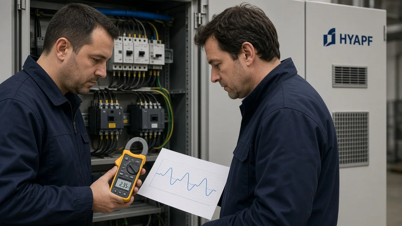 Two engineers comparing a waveform beside a HYAPF cabinet while checking feeder current