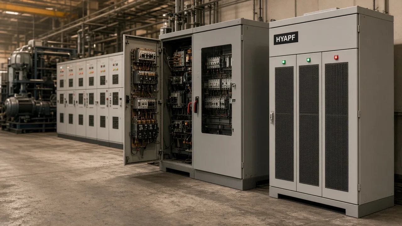 HYAPF cabinets beside an industrial motor-control lineup in a plant electrical room