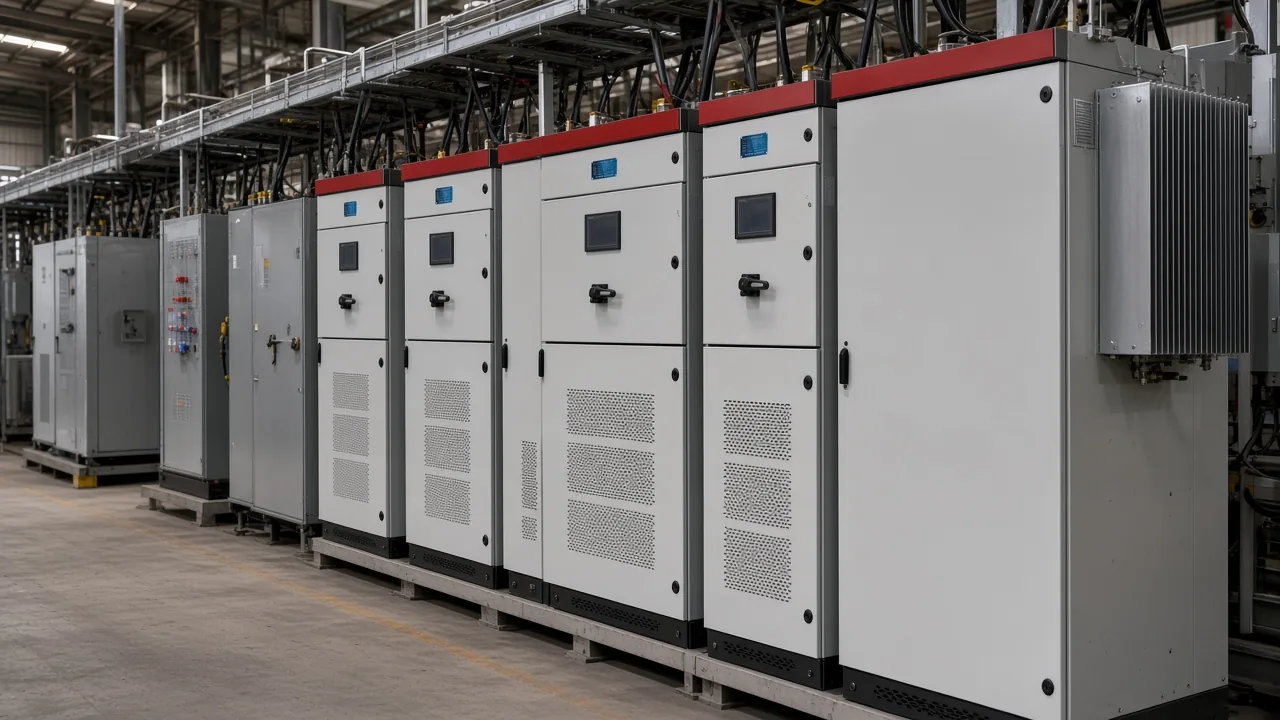 Filter cabinets beside a motor-control aisle in an industrial plant