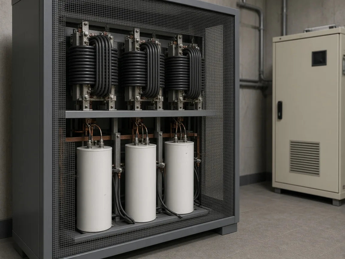 Mesh enclosure with reactors above and capacitors below in a switchroom