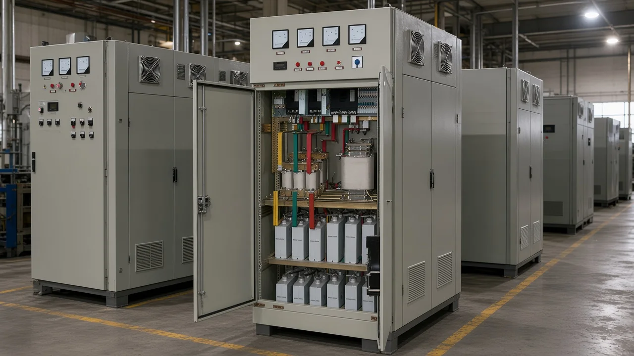 Floor-mounted harmonic filter cabinet with cooling vents beside an MCC aisle clearance space