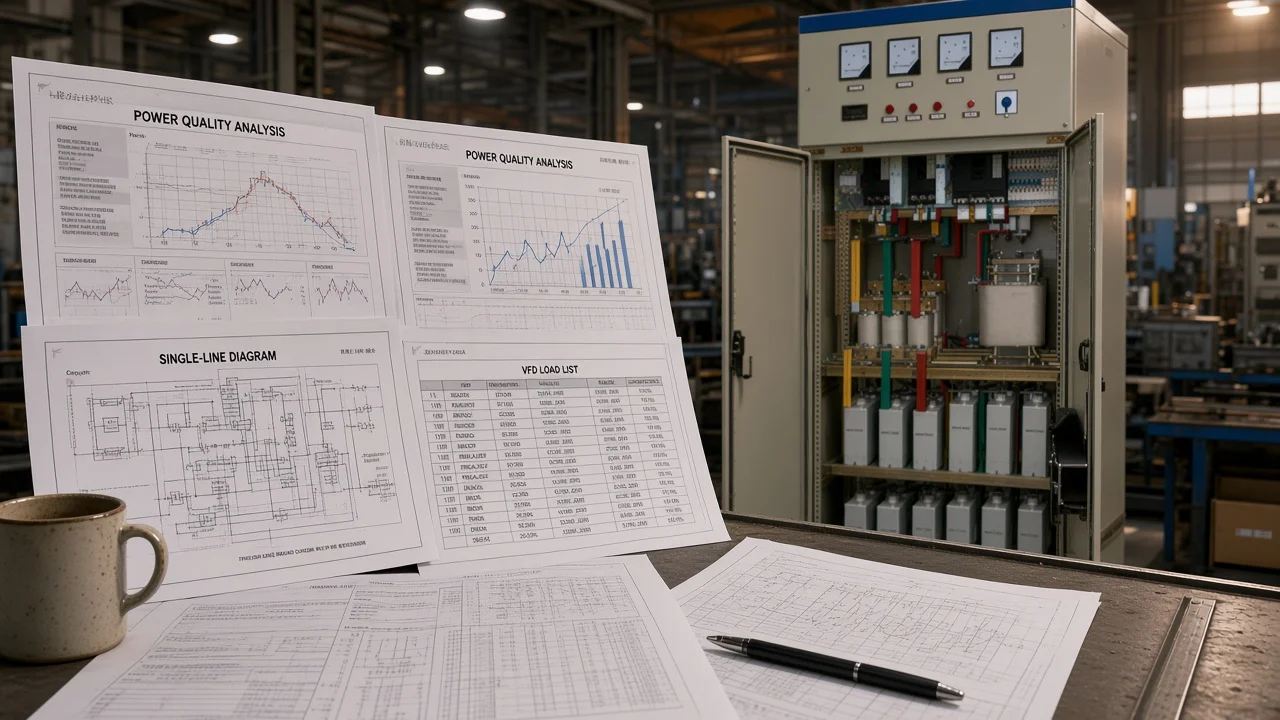 Power-quality report, single-line diagram, and load list on a desk with a harmonic filter cabinet behind