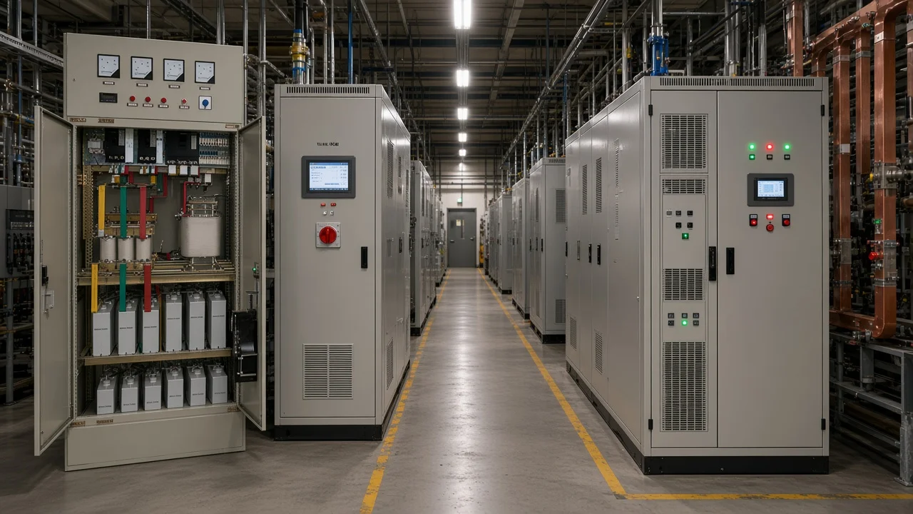 Drive-local passive harmonic filter beside a VFD panel contrasted with a plant-bus active filter cabinet aisle