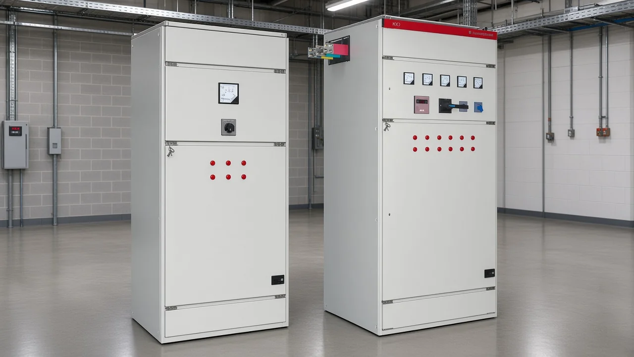 Fixed capacitor bank beside automatic power factor controller cabinet for comparison