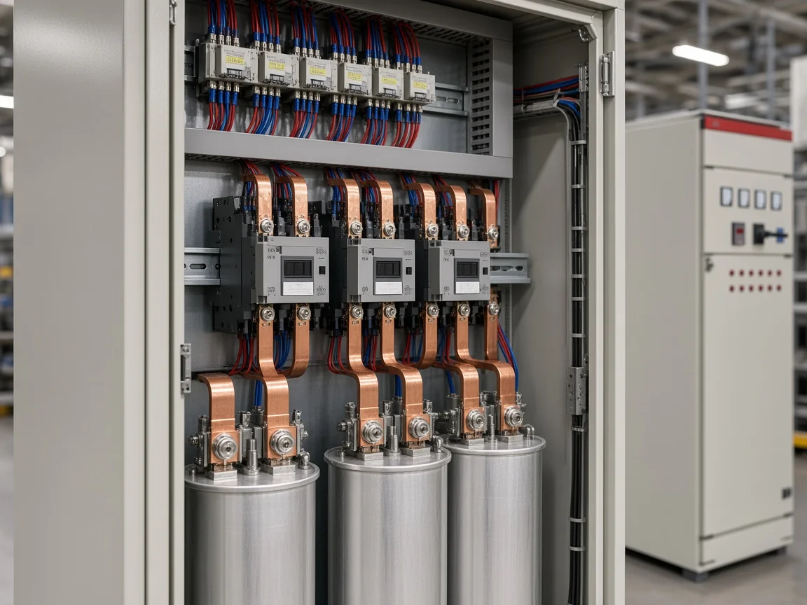 APFC controller step outputs wired to capacitor-duty contactors