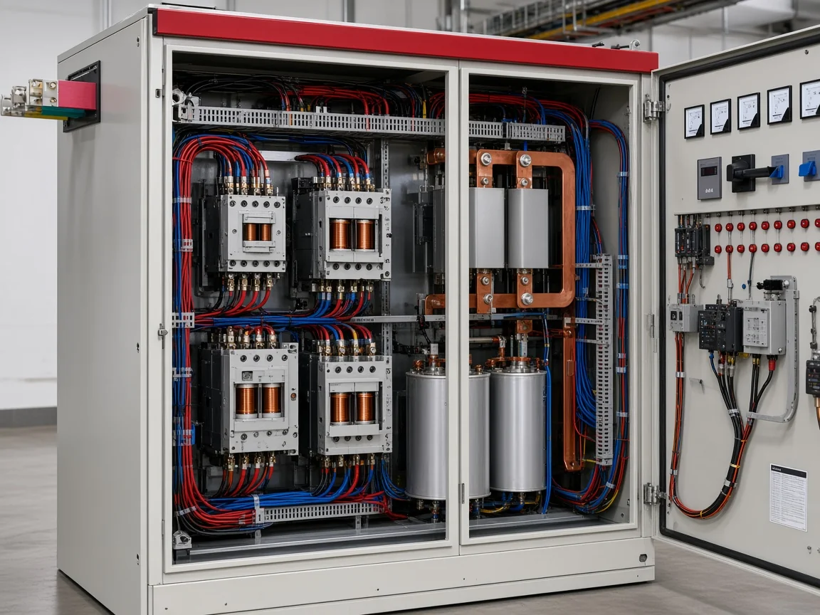 Capacitor step contactors and control wiring inside APFC cabinet