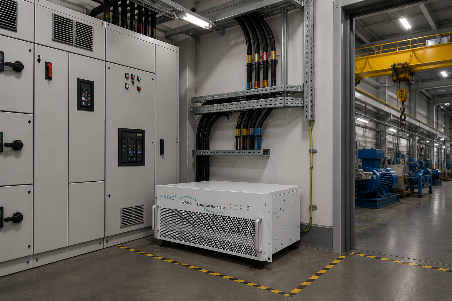 Industrial switchroom scene with HYSVG-style cabinet supporting changing plant loads