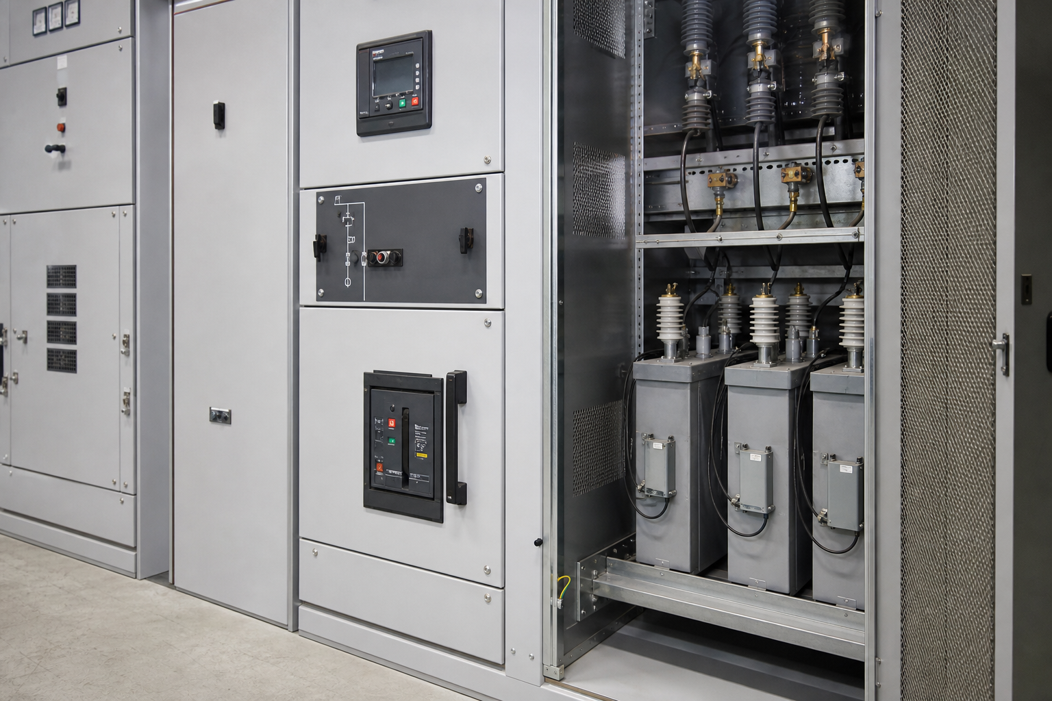 Medium-voltage switchgear aisle beside a shunt capacitor compensation cabinet