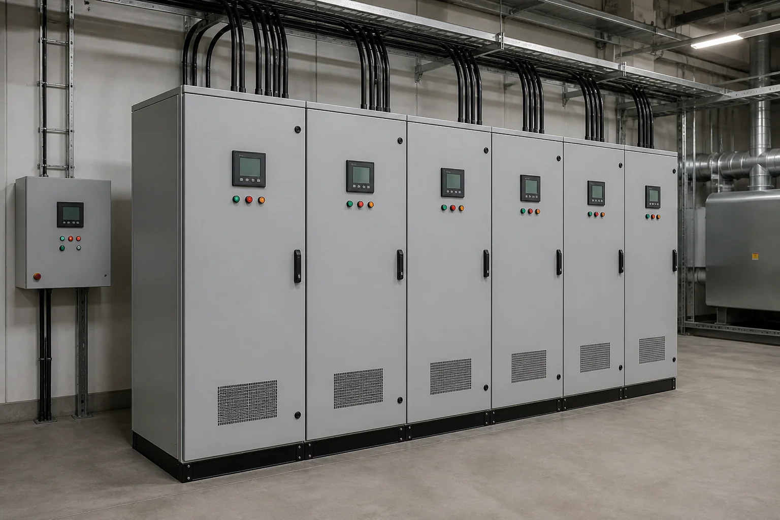 Stepped automatic capacitor bank cabinets in electrical room