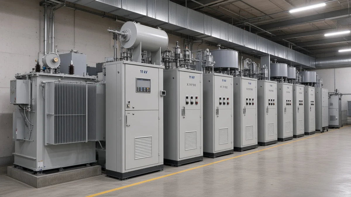 11 kV main bus switchgear with a dedicated capacitor bank feeder cubicle in a substation room