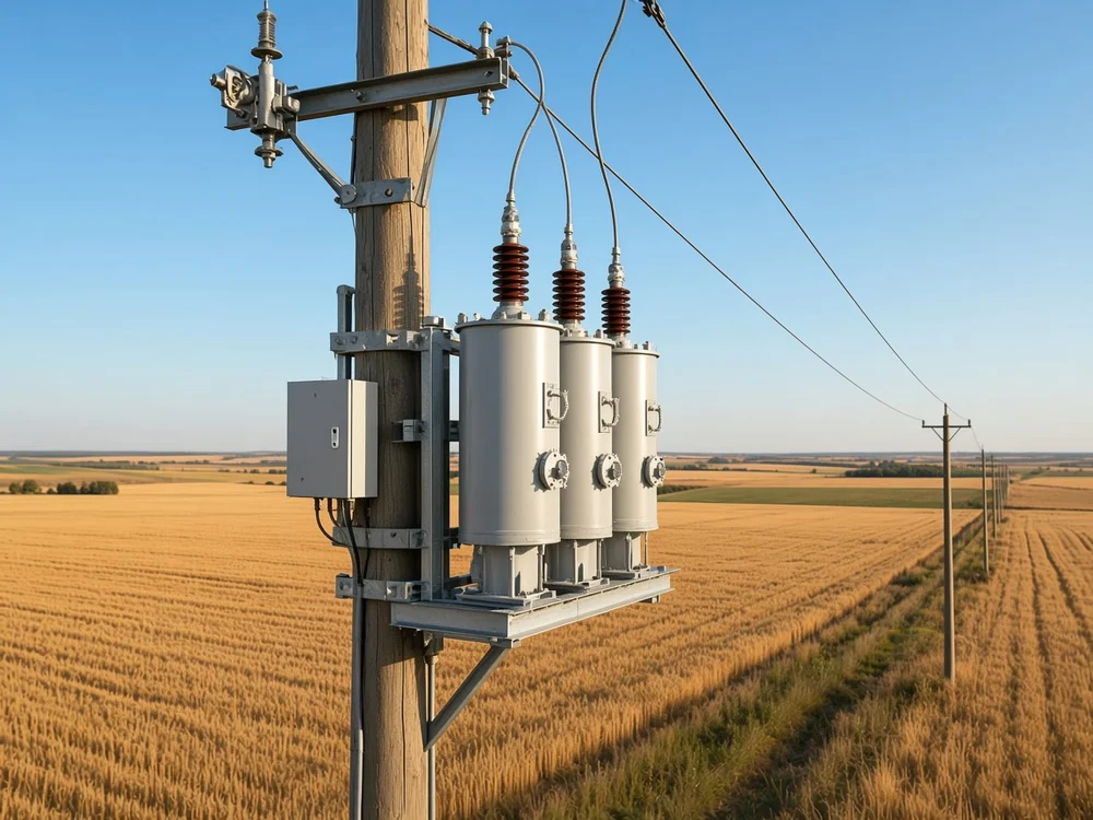 Pole mounted three phase capacitor bank on a rural distribution feeder