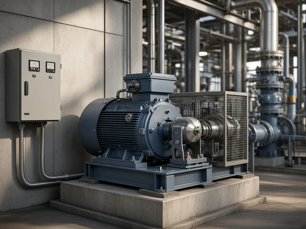 Large industrial motor with local switchgear and a terminal capacitor enclosure in a process plant