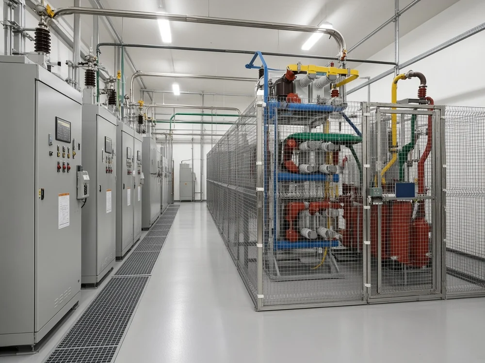 Indoor distribution room busbar with a metal enclosed capacitor bank frame beside switchgear cubicles