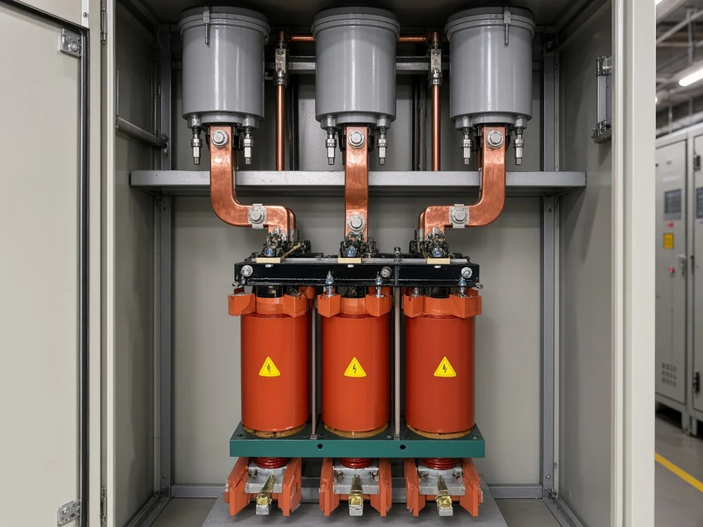 Series reactor mounted in the capacitor branch inside a medium voltage compensation cabinet