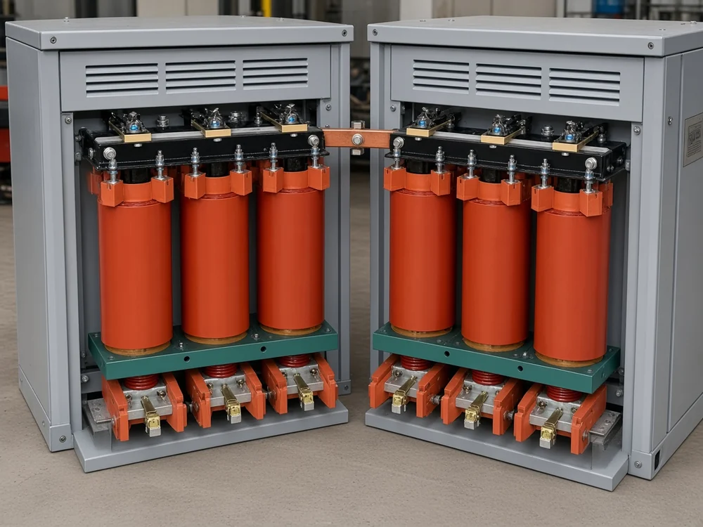 Two medium voltage capacitor cubicles on one bus section with the short interconnection between them