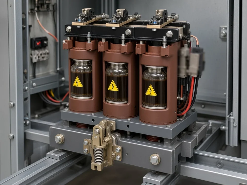 Capacitor switching device on its withdrawable carriage inside a medium voltage switchgear cubicle