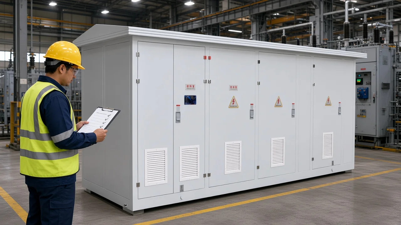 Engineer reviewing load and power-factor design inputs beside an MV outdoor compensation box