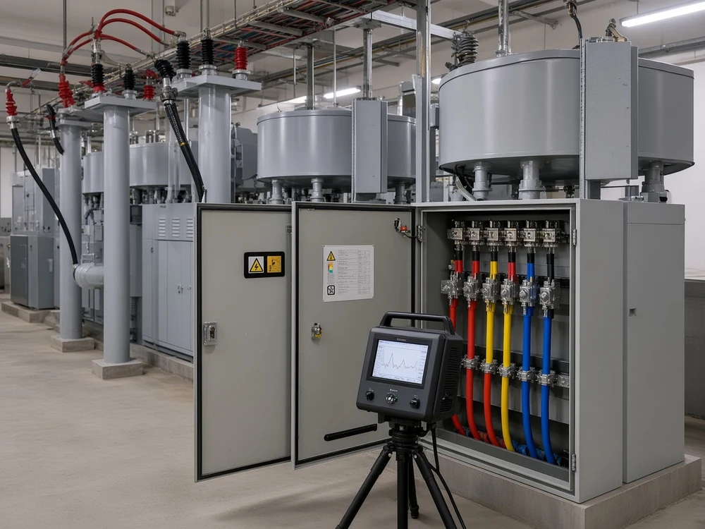 Portable power quality analyser measuring harmonic distortion at a plant common bus