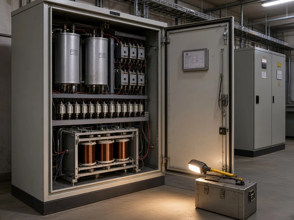 Power factor correction cabinet opened for inspection showing capacitor units fuses and a detuning reactor