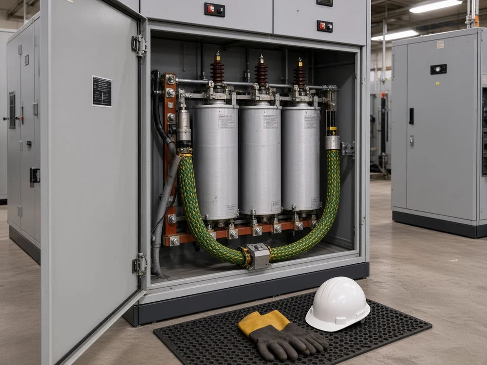 De-energised capacitor bank discharged and visibly grounded before maintenance contact