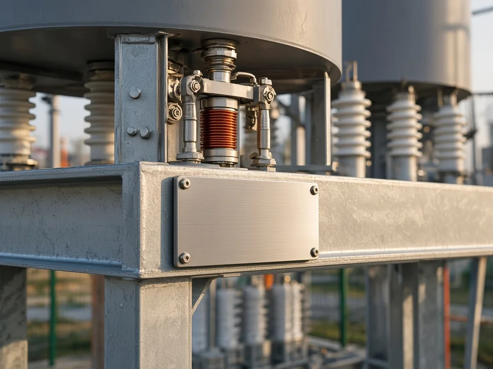 Identification plate and series reactor on the frame of an outdoor capacitor bank