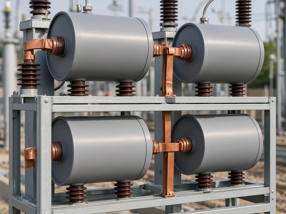 Capacitor units on a steel rack showing parallel links within a tier and series connections between tiers