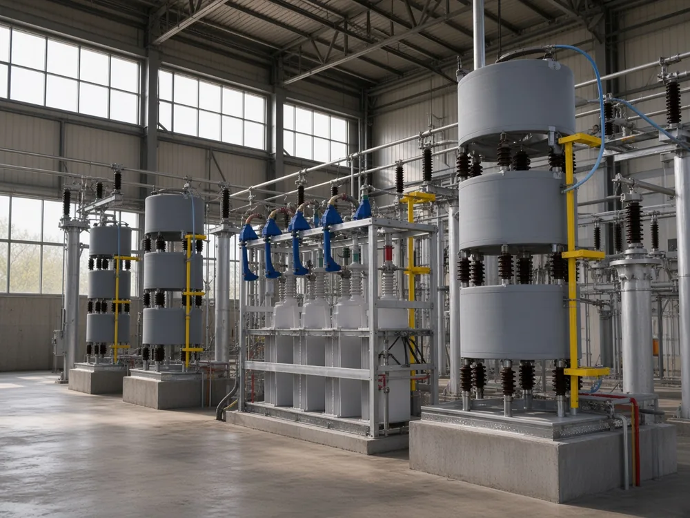 Indoor shunt capacitor bank frame with switching and bus work in view