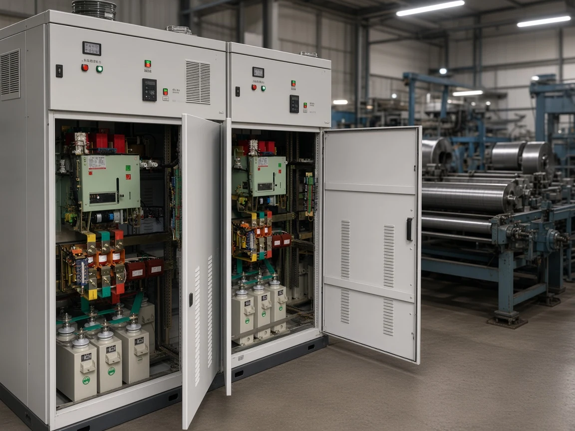 Compensation cabinet used on a rolling-line bus where harmonics share the power-factor job
