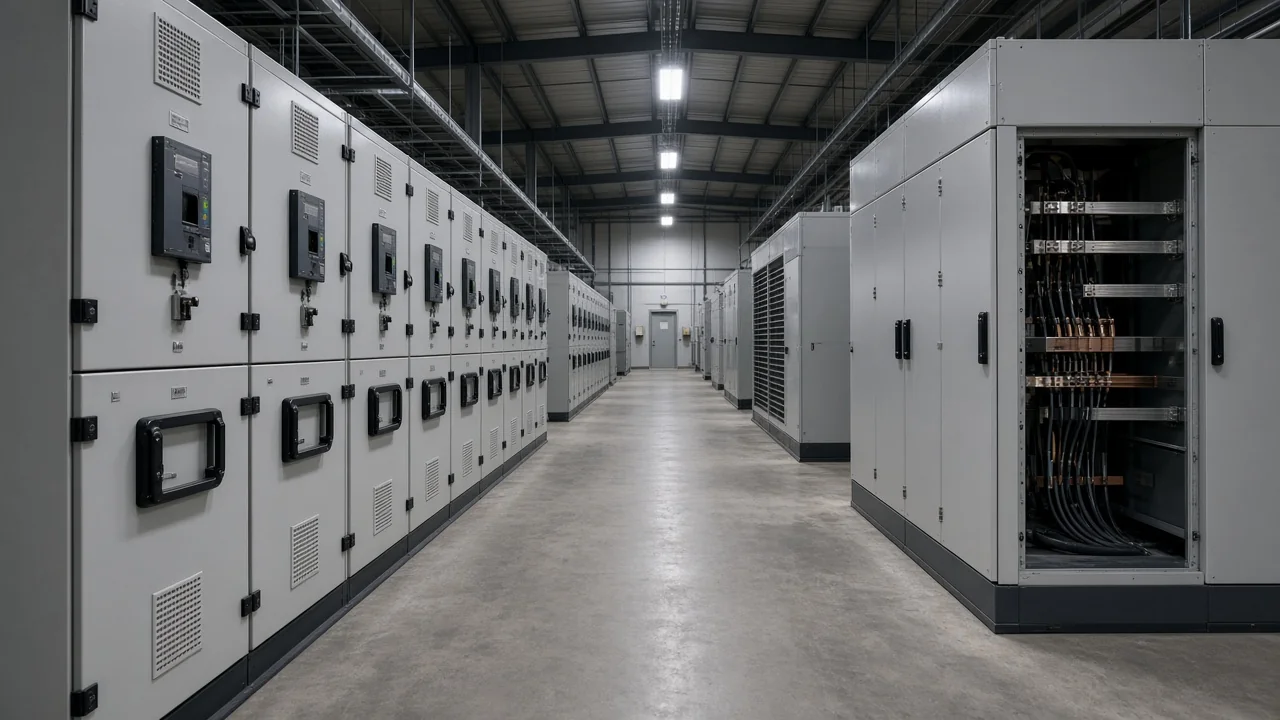 Plant bay with capacitor bank cabinets and energy storage enclosure