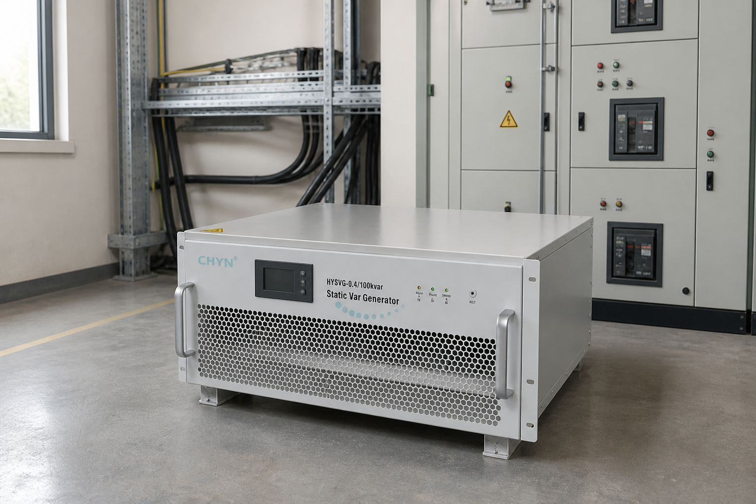 HYSVG converter-type SVG cabinet in an industrial electrical room
