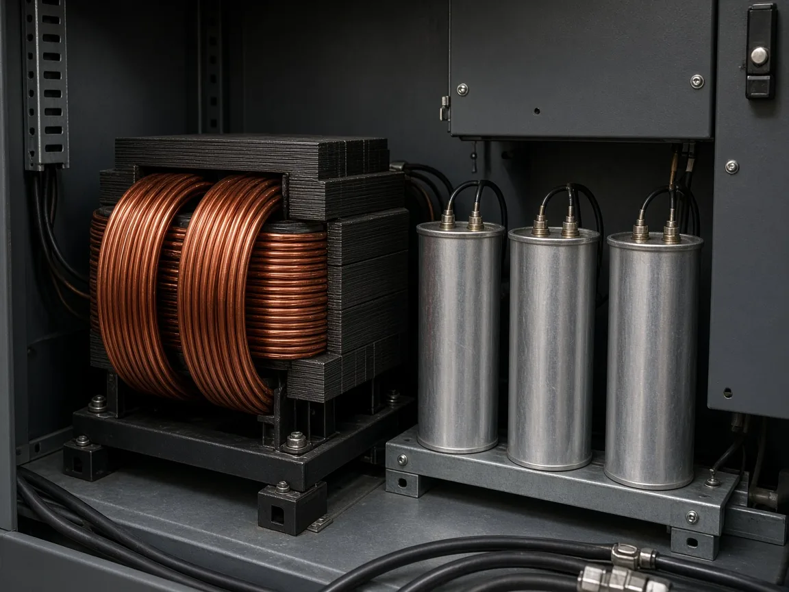 Series reactor mounted beside capacitor cans in a filter cabinet