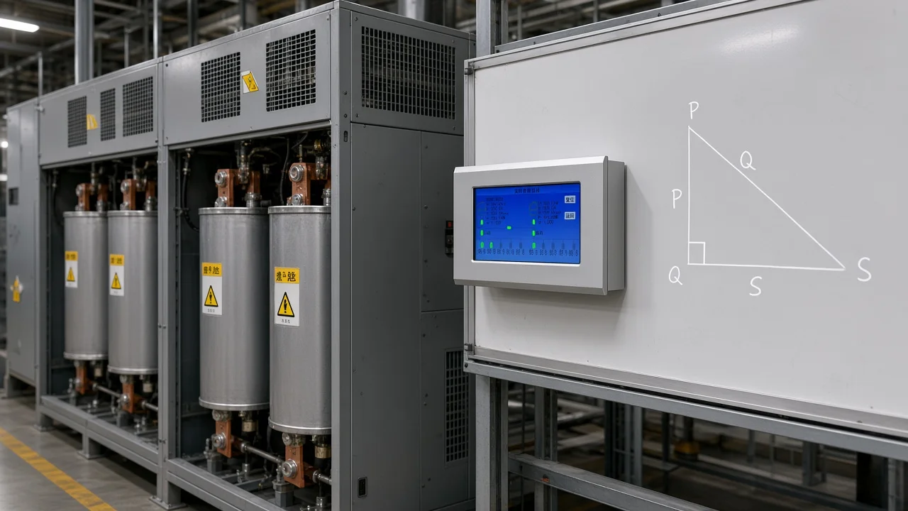 Power triangle and capacitor bank context for Qc formula