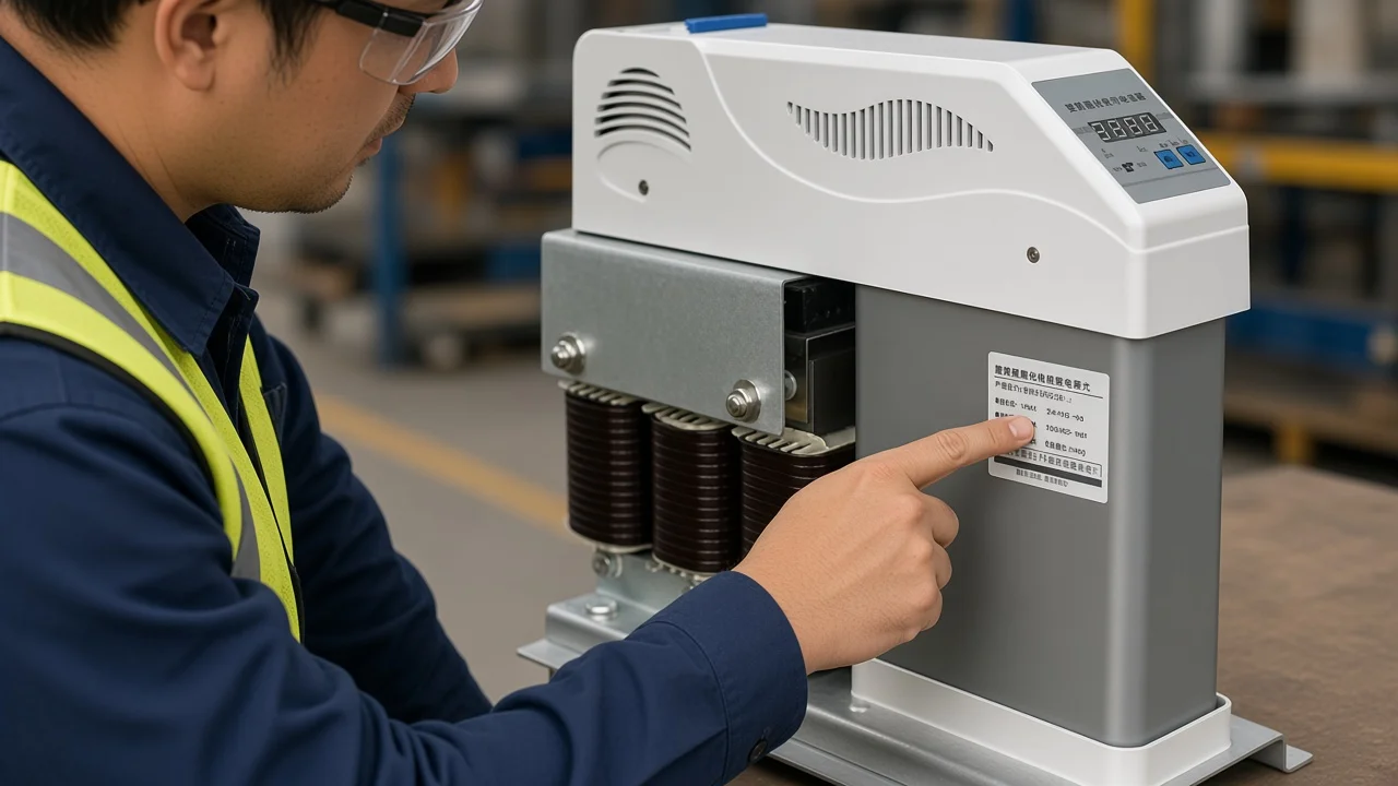 Engineer reading kvar rating nameplate on a modular smart power capacitor unit