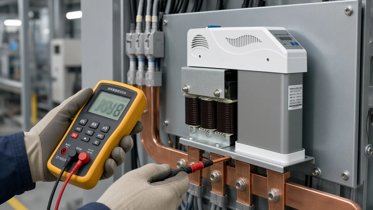 Smart power capacitor beside a switchboard for rated versus bus voltage kvar check