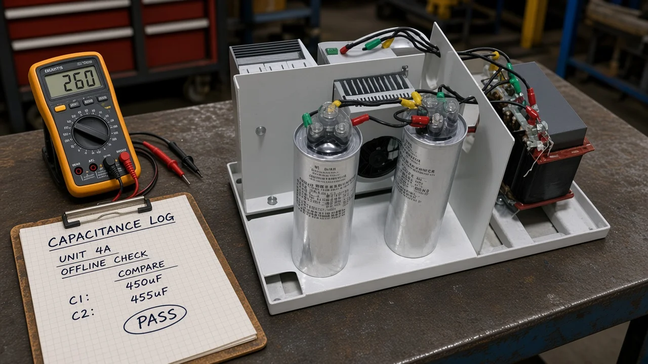 Capacitance pass-fail log beside a multimeter and modular compensation hardware