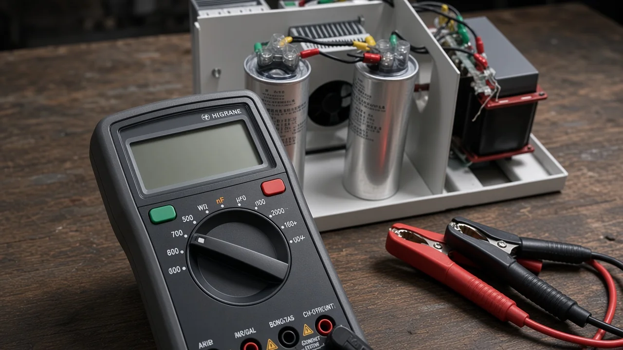 Digital multimeter set for capacitance checks beside a modular filter compensation unit on a bench