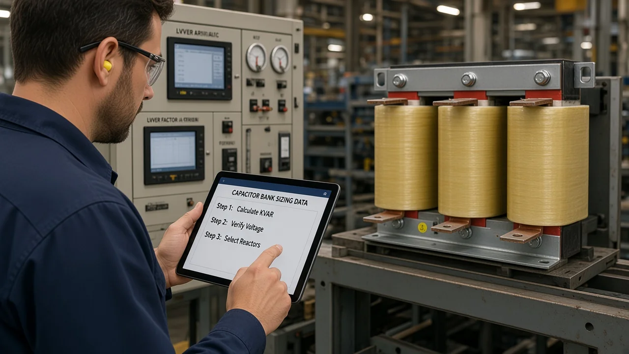 Engineer reviewing capacitor bank sizing data near a power factor correction panel and filter reactor