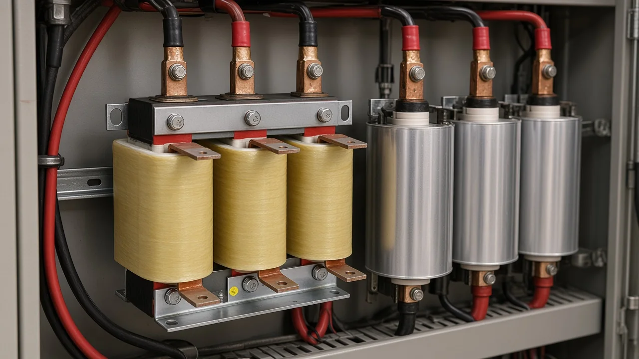 Detuned capacitor bank branch with iron-core filter reactor in series with power capacitors
