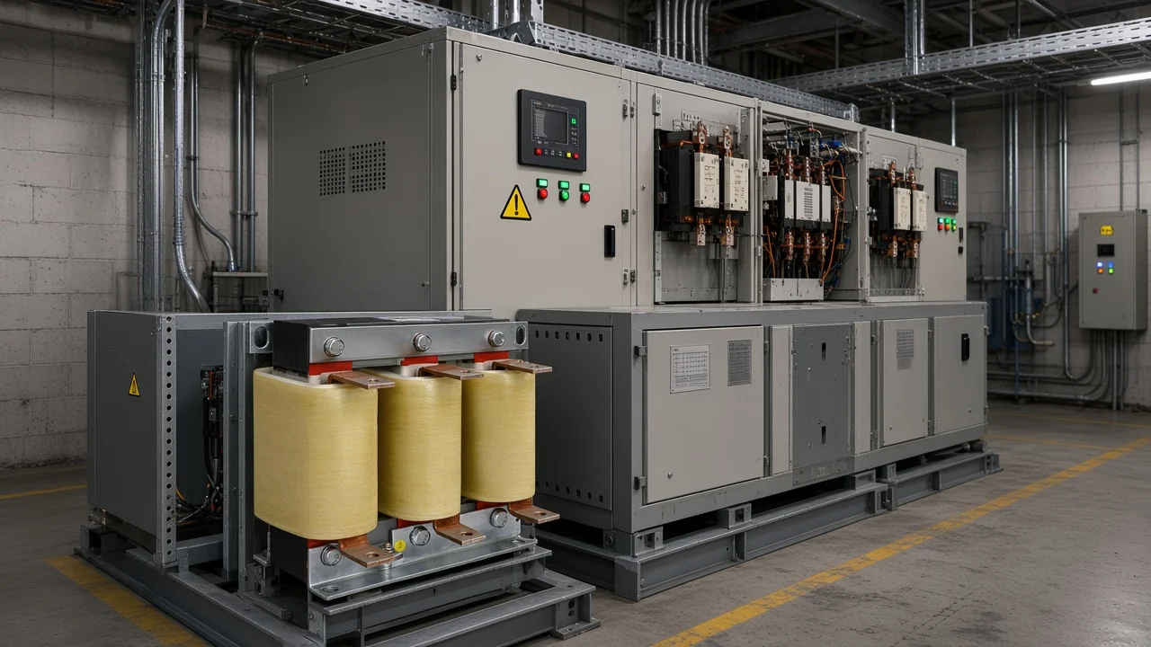 Stepped automatic capacitor bank stages with series filter reactor in an industrial electrical room