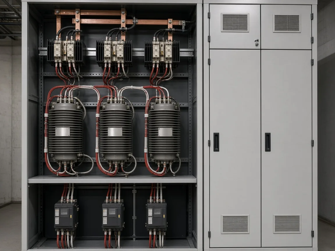 Indoor MV compensation bay with thyristor modules and series reactors beside capacitor compartments