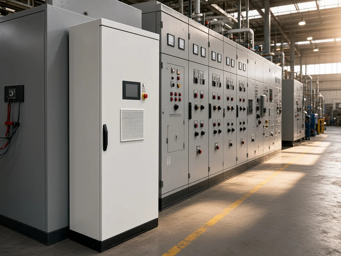 Power conditioning cabinet beside industrial switchgear in a plant feeder aisle