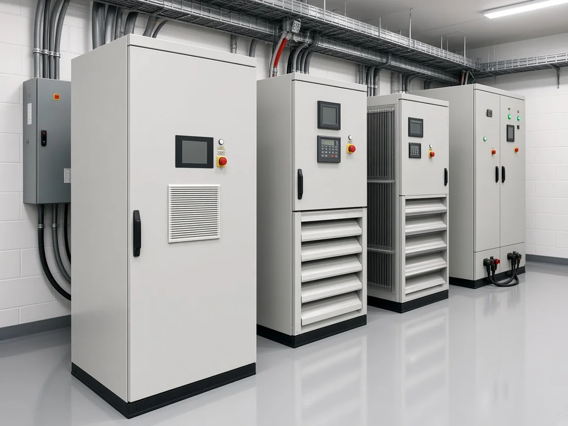 Multiple industrial power conditioning cabinets lined up in an electrical room