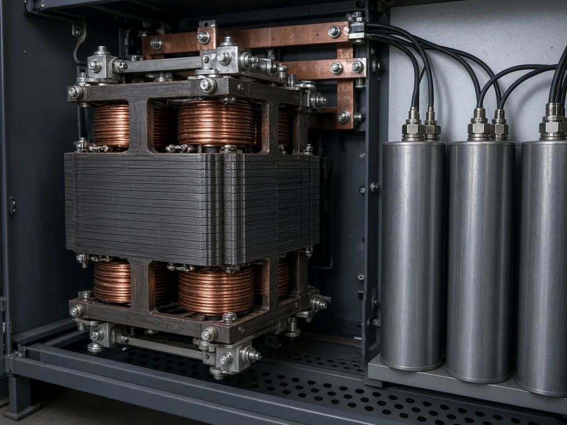 Detuning reactor beside capacitor cans inside a compensation cabinet
