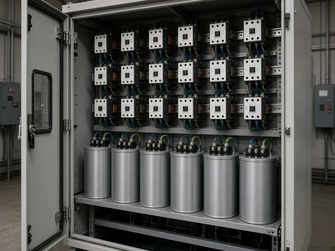 Switched capacitor steps and contactors inside a compensation cabinet