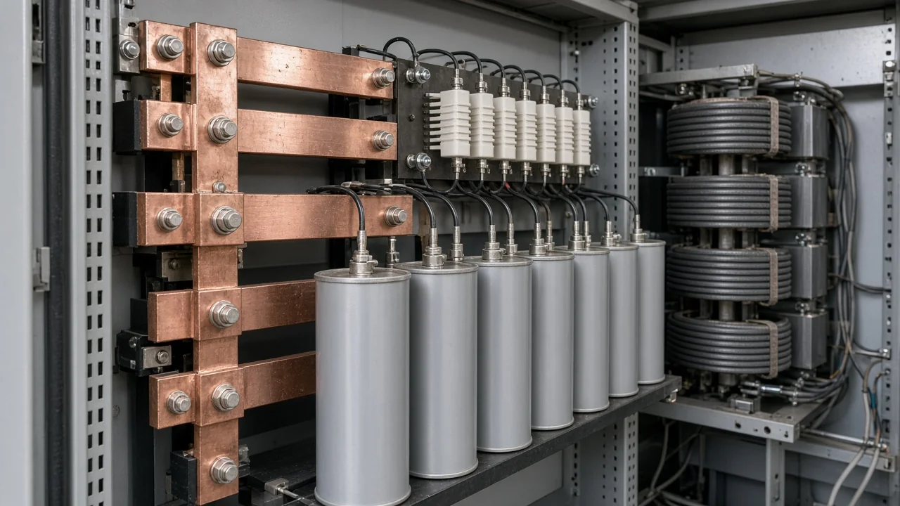 Capacitor bank internal components including cans busbars and reactors